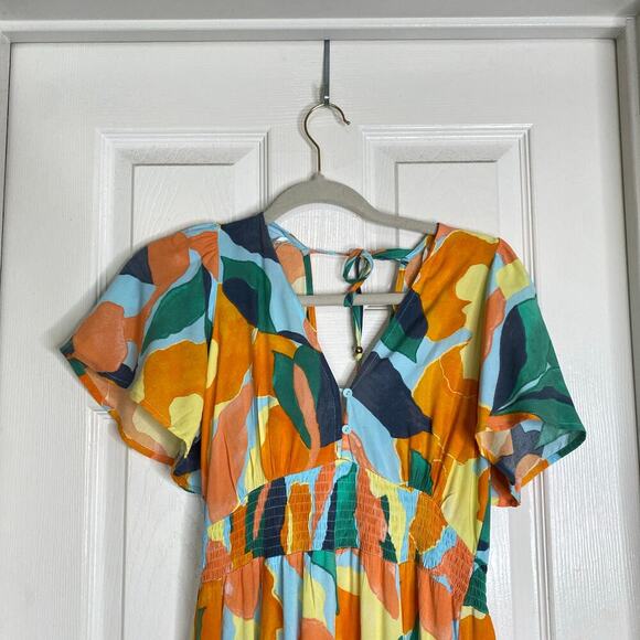 ABEL THE LABEL Smocked Midi Dress Smocked Tropical Bright Colorful Size XS Beach - Picture 3 of 7